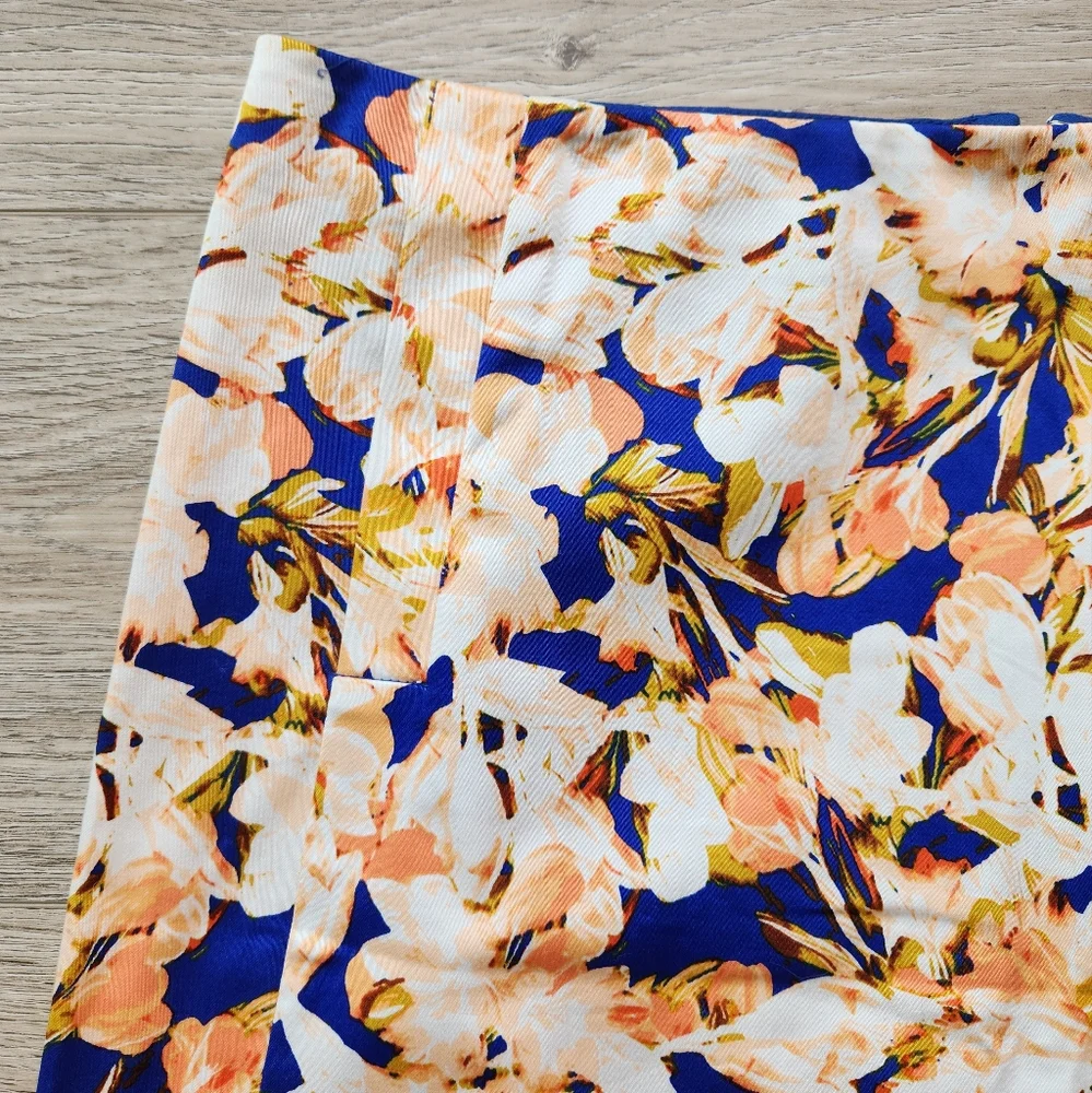 J. Crew Orange Blue Floral Skirt Womens 6 Cotton Business Casual Nwt